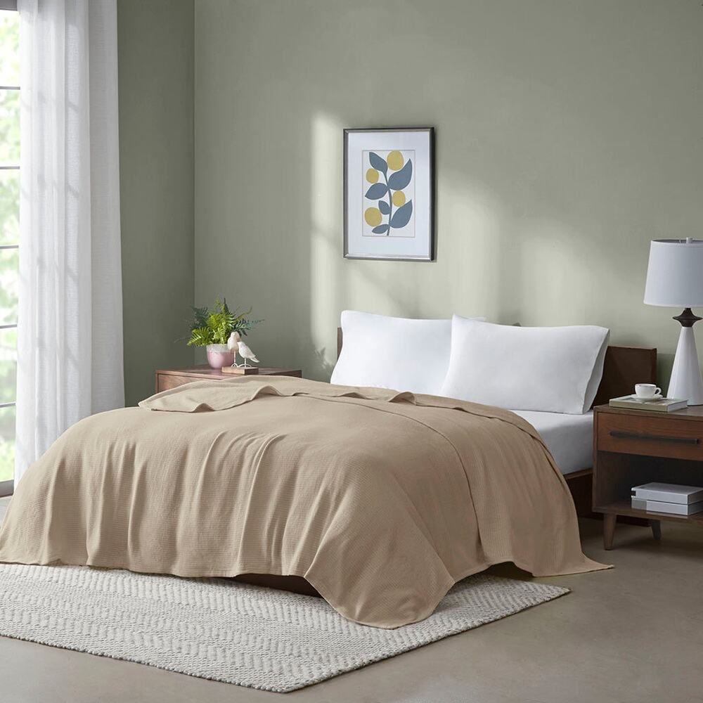 NEW! MADISON PARK Freshspun Basketweave 100% Cotton Blanket Taupe/Khaki King